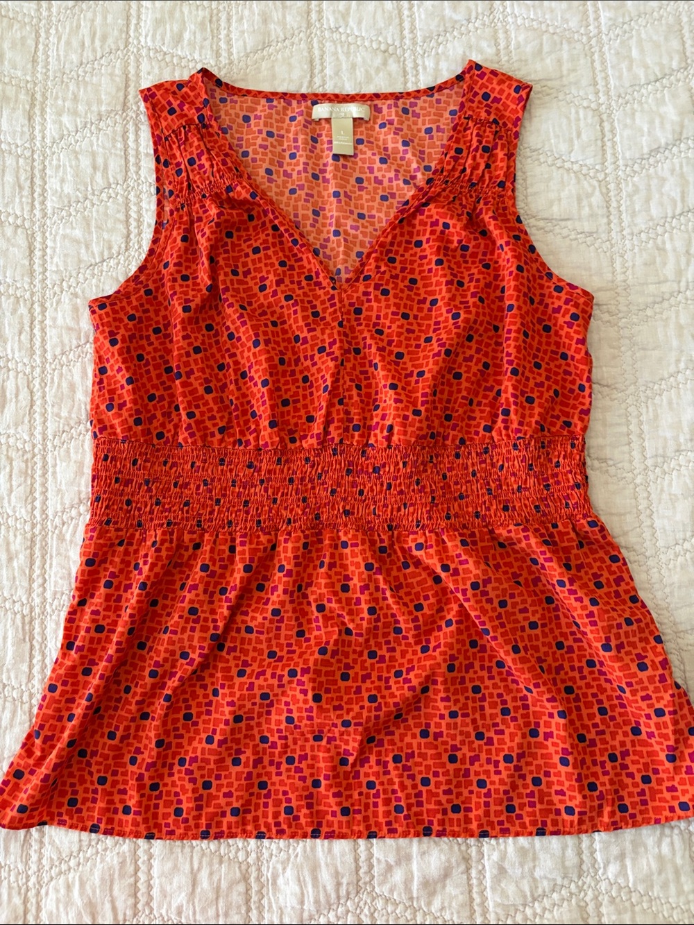 Banana Republic Red Printed Smocked-Waist Tank Top sz Large